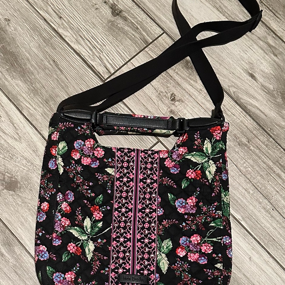 Black Quilted Floral Crossbody Bag with Pink Accents